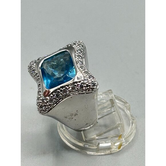 Blue Aquamarine Glass Ring Size 7 Silver Tone Free Form Modernist Ring - Picture 8 of 12